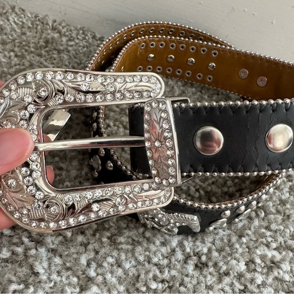 Nocona Leather Belt 26 Black Studded Rhinestone Sliver Bling Cowgirl Y2K Boho‎